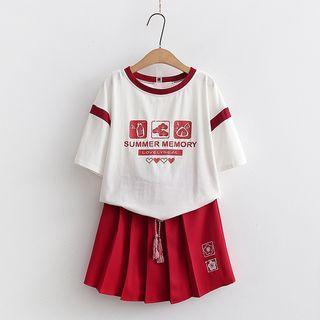 Set: Short-sleeve Embroidered T-shirt + Tasseled Mini Skirt