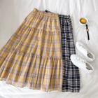 Color-block High-waist Plaid A-line Skirt