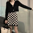 Checkerboard Knit Skirt / Cropped Cardigan