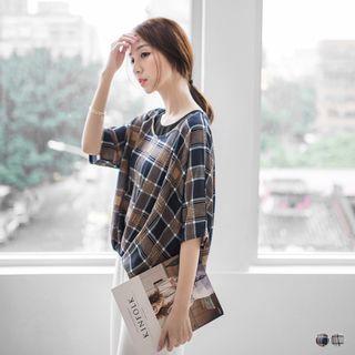 Plaid Pleated Dolman Top