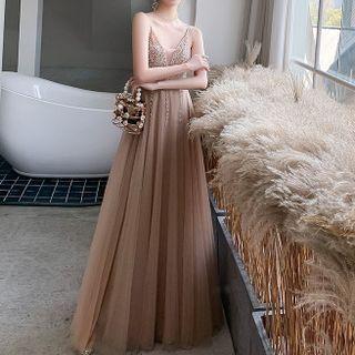 Spaghetti-strap Embellished Mesh A-line Evening Gown