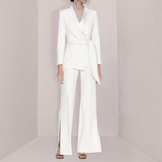 Set: Tie-waist Blazer + Wide-leg Pants