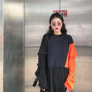 Color-block Long-sleeve Loose-fit Dress As Figure - One Size