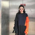 Color-block Long-sleeve Loose-fit Dress As Figure - One Size