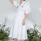 Balloon-sleeve Floral Embroidered A-line Shirtdress