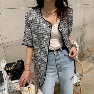 Short-sleeve Piped Tweed Jacket Black - One Size