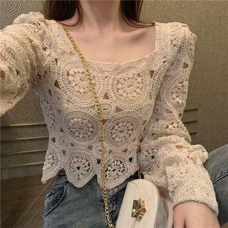 Crochet Lace Long-sleeve Top White - One Size