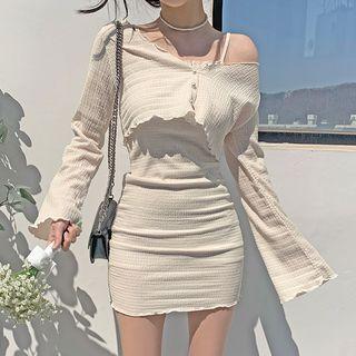 Set: Spaghetti-strap Knit Mini Bodycon Dress + Cropped Cardigan