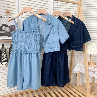 Set: Sleeveless Denim Playsuit + Buttonless Denim Jacket