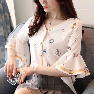 V-neck Printed Elbow-sleeve Blouse