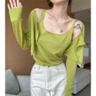 Long-sleeve Mock Two-piece Plain Slim-fit Top
