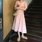 Contrast Trim Short-sleeve Midi A-line Dress Pink - One Size