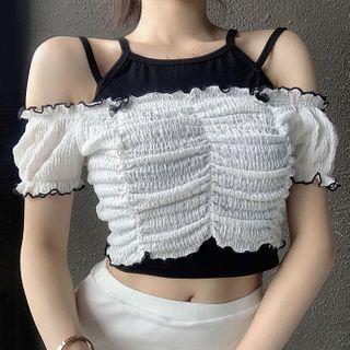 Set: Short-sleeve Off Shoulder Top + Halter Top