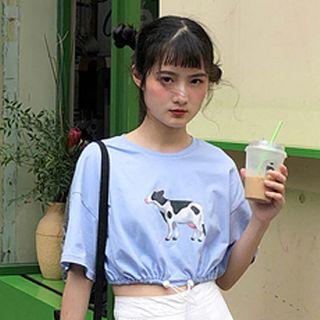 Short-sleeve Milk Cow Print Crop Top Blue - One Size
