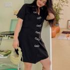 Short-sleeve Embellished Bow A-line Mini Shirtdress