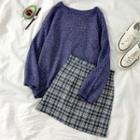 Lace Up Sweater / Plaid Mini A-line Skirt