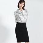 Set: Dotted Long-sleeve Blouse + Mini Skirt