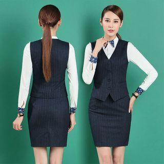 Pinstripe Vest / Set : Long-sleeve Blouse + Vest + Pants