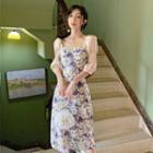 Contrast Puff Sleeve Square Neck Floral Chiffon Dress