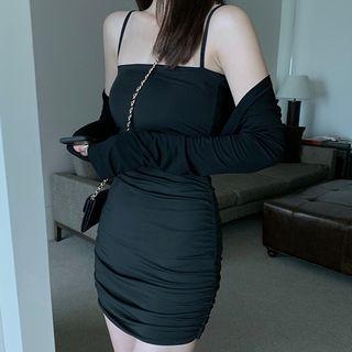Spaghetti Strap Crinkled Mini Bodycon Dress / Light Jacket