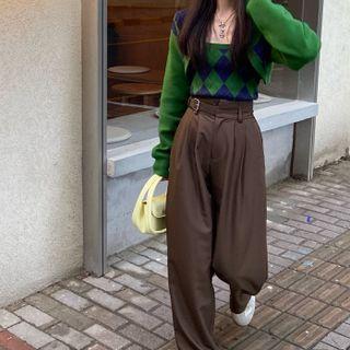 Set: Argyle Camisole Top + Cropped Cardigan Set Of 2 - Tank Top & Cardigan - Argyle - Green - One Size