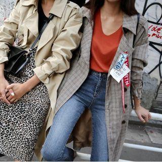 Double-breasted Belted Plaid Trench Coat One Size