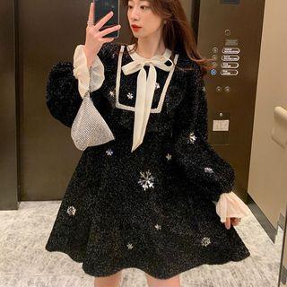 Snowflake Print Balloon-sleeve Glitter A-line Dress