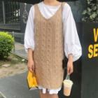 Balloon Long-sleeve A-line Dress / Knit Vest