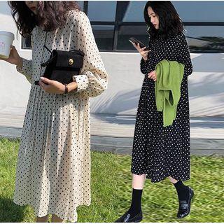 Dotted Long-sleeve Midi Chiffon Shirt Dress