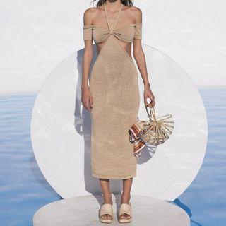 Short-sleeve Halter-neck Knit Midi Dress
