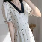 Short-sleeve Dotted Lace Trim A-line Midi Dress