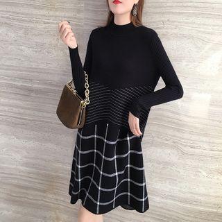 Mock-turtleneck Plaid Panel Mini Knit Dress
