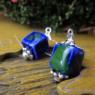Ceramic Cube Dangle Earring Cube - Pattern - Blue - One Size