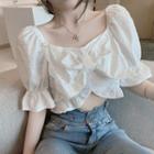 Short-sleeve Square Collar Bow-accent Crop Top