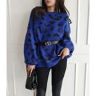 Balloon-sleeve Wool Blend Leopard Sweater Blue - One Size