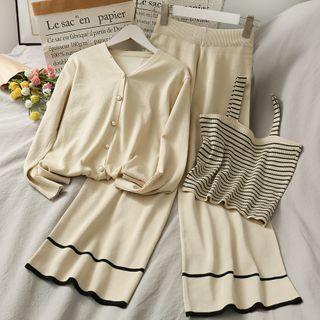 Set: Striped Camisole + Light Knit Cardigan + Wide-leg Pants