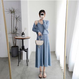 Set: Lace-up Cardigan + Spaghetti Strap Midi A-line Knit Dress