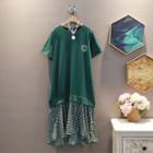 Mock Two-piece Short-sleeve Smiley Face Print Panel Plaid Mermaid Dress