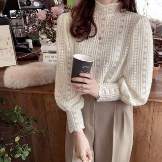 Mock-neck Bishop-sleeve Lace Top