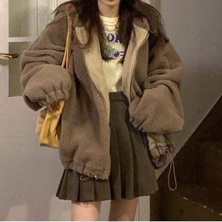 Faux Shearling Hooded Zip Jacket Coffee - One Size