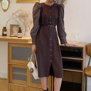 Puff-sleeve Midi Sheath Knit Dress