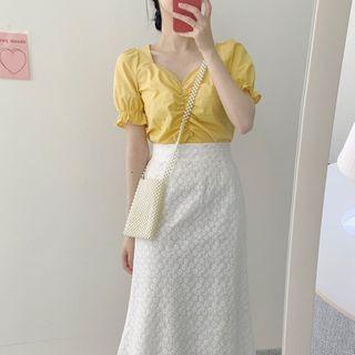 Puff-sleeve V-neck Blouse / Floral Embroidered A-line Midi Skirt