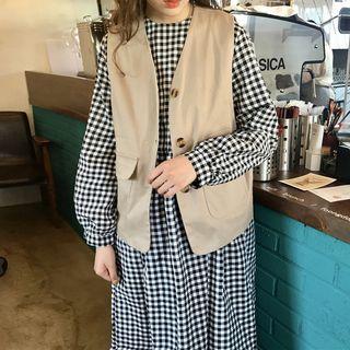 Plaid Long-sleeve Dress / V-neck Buttoned Vest