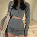 Button-up Cropped Hoodie / Drawstring Mini Pencil Skort