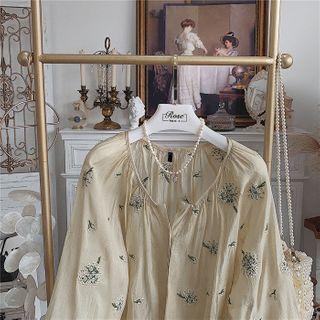 Floral Embroidered Long-sleeve Blouse Cover Up - One Size