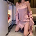 Spaghetti Strap Lace Trim Silky Split Dress / Long Sleeve Silky Tie-waist Jacket
