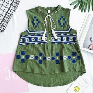 Embroidered Fringed Loose-fit Sleeveless Top