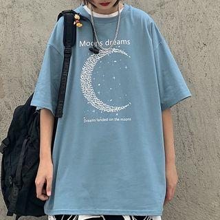 Moon Lettering Short-sleeve Round Neck T-shirt
