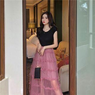 Frilled Mesh Panel Maxi Dress Black - One Size