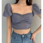 Gingham Puff-sleeve Shirred Cropped Blouse As Shown In Figure - One Size